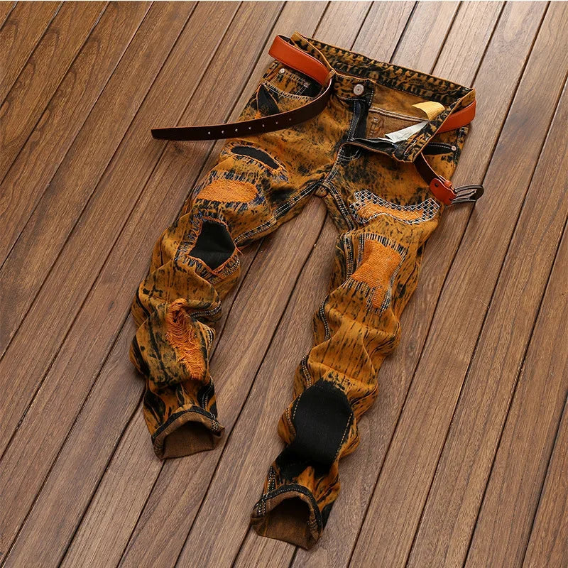 Fall/ Autumn Straight Slim-fit Jeans Patchwork Distressed Jeans