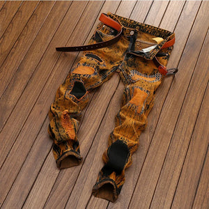 Fall/ Autumn Straight Slim-fit Jeans Patchwork Distressed Jeans