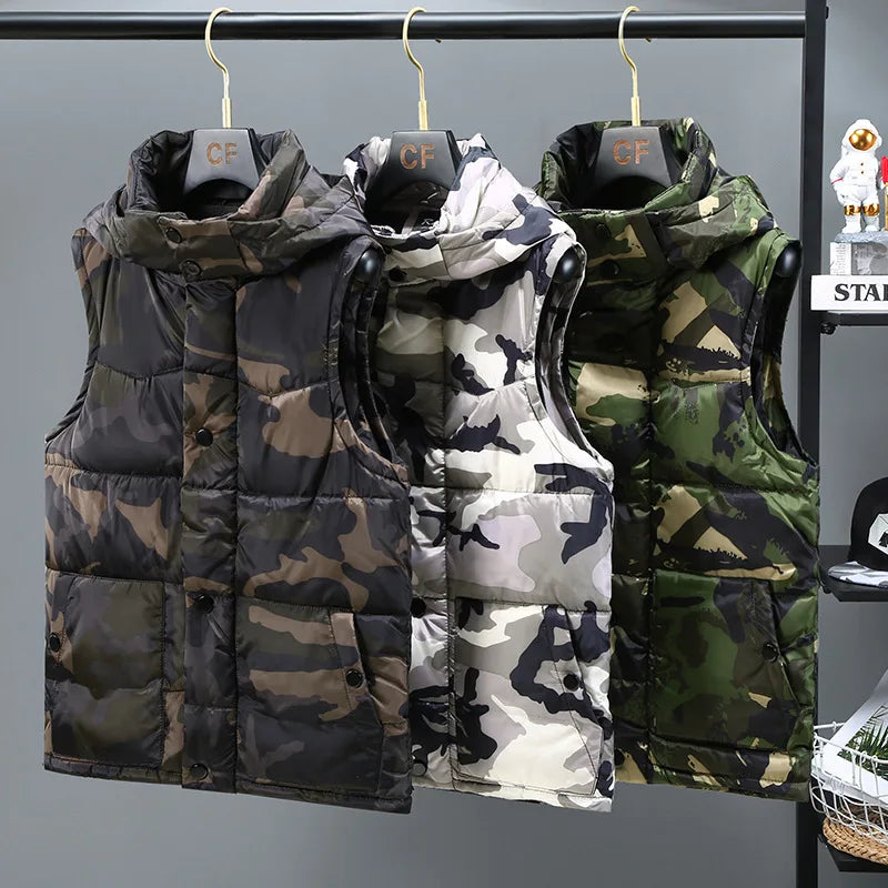 Camouflage Hooded Bomber Vest Coat Zipper  S-5XL