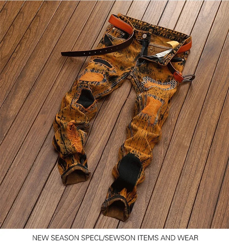 Fall/ Autumn Straight Slim-fit Jeans Patchwork Distressed Jeans