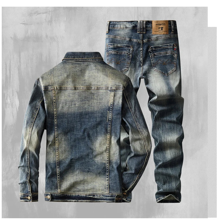 Denim Two Piece Set Slim Fit Jacket Jeans Sets Vintage Denim-Blue Suit