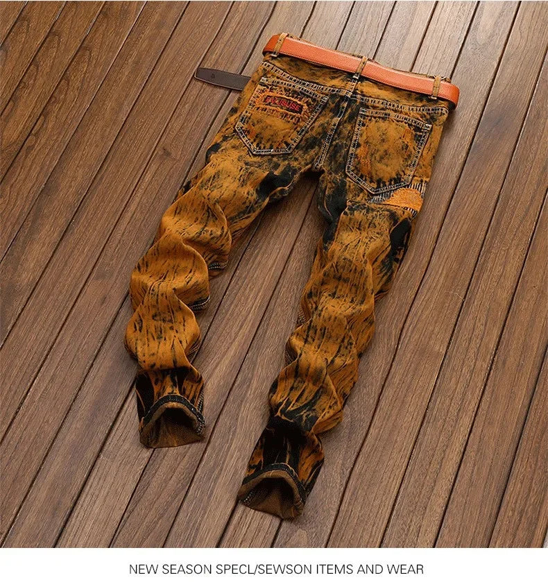 Fall/ Autumn Straight Slim-fit Jeans Patchwork Distressed Jeans