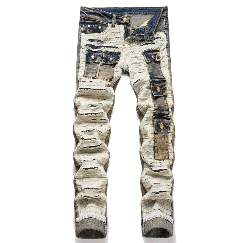 "Patches"
Multi-Pocket Ripped Mid-Waist Slim Stretch Pencil Pants