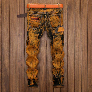 Fall/ Autumn Straight Slim-fit Jeans Patchwork Distressed Jeans