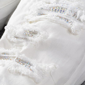 White crystal distressed rhinestone denim pants
